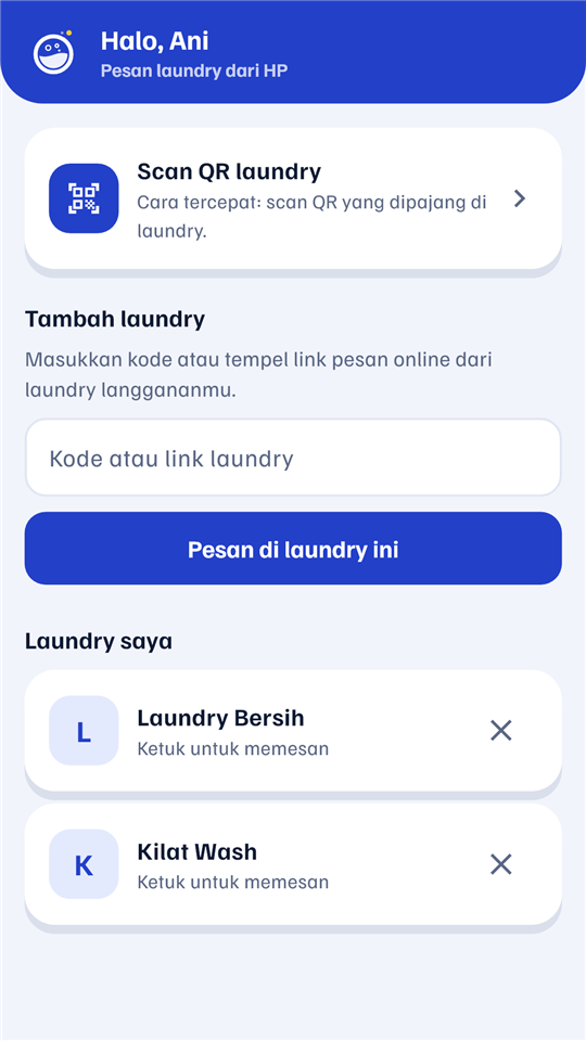 Layar pelanggan: scan QR laundry dan daftar laundry langganan